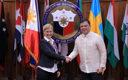 <p>Department of National Defense (DND) officer-in-charge Jose Faustino Jr. (right) and Swedish Ambassador to Manila Annika Thunborg (left)<em> (Photo courtesy of DND)</em></p>