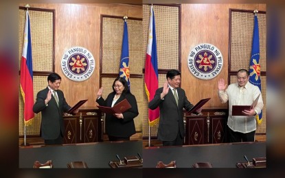 <p><strong>OATHTAKING</strong>. Undersecretary Cherbett Karen L. Maralit (left photo) and Assistant Secretary Francisco P. Rodriguez III take their oath of office before President Ferdinand R. Marcos Jr. on Saturday (Dec. 31, 2022). Marcos has appointed the two as new officials under the Office of the Press Secretary. <em>(Photos courtesy of OPS)</em></p>
