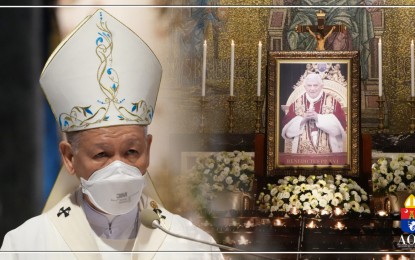 <p><strong>BENEDICT XVI'S TEACHINGS </strong>Manila Archbishop Cardinal Jose Advincula urges the Catholic faithful to learn and follow the teachings of the former Pontiff, Pope Emeritus Benedict XVI, during his New Year's message on Sunday (Jan. 1, 2023). (<em>Screen grab from rcam.org)</em></p>