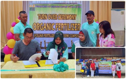 <p><strong>FERTILIZER AID.</strong> Officials of the Department of Agrarian Reform (DAR) and agrarian reform beneficiaries organizations (ARBOs) in Sultan Kudarat province signed Tuesday (Jan. 3, 2023) documents for the turnover of the organic fertilizer farm inputs (inset). At least six ARBOs benefited from the program that targets to boost vegetable production in the province. <em>(Photo courtesy of DAR-Sultan Kudarat)</em></p>