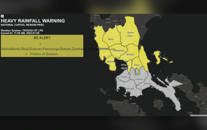 <p><strong>YELLOW WARNING</strong>. A yellow warning for occasionally heavy rainfall was raised over most parts of Central Luzon upon the issuance of an advisory by the state weather bureau PAGASA on Thursday (Jan. 5, 2023). This prompted some areas in the region to suspend afternoon classes as well as work in government offices.<em> (Infographic by DOST-PAGASA)</em></p>