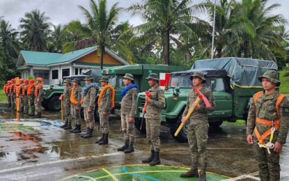 <p><strong>READY TO RESPOND.</strong> Troops of the Philippine Army's 14th Infantry Battalion prepare for deployment in Mahaplag, Leyte on Thursday (Jan. 5, 2023). The PA has deployed humanitarian assistance and disaster response units to aid communities that might be affected by heavy rains and floods caused by a low-pressure area. <em>(Photo courtesy of the Philippine Army)</em></p>