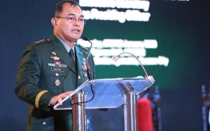 <p><strong>59TH AFP CHIEF</strong>. The 59th Armed Forces of the Philippines Chief-of-Staff Gen. Andres Centino delivers an assumption speech during the AFP Change of Command Ceremony at Tejeros Hall AFP Commissioned Officers Club, Camp Aguinaldo, Quezon City on Jan. 7, 2023. Centino received assurances of full support from the heads of the institution's major services. <em>(Photo courtesy of Philippine Army)</em></p>