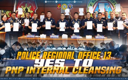 <p><strong>COURTESY RESIGNATION.</strong> At least 22 senior police officers from the Police Regional Office in the Caraga Region (PRO-13) tender their courtesy resignation on Monday (Jan. 9) in support of the earlier call made by Interior and Local Government Secretary Benjamin Abalos Jr. The senior officers said they will continue to perform their sworn duty especially in the fight against all forms of criminality in the region. <em>(Photo courtesy of PRO-13 Information Office)</em></p>