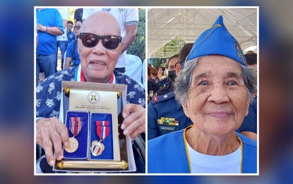 <p><strong>WAR HEROES</strong>. World War II veterans in Pangasinan Valentin Untalan (left), 106, and Adelaida Iglesias (right), 95, are among those who attended the commemoration of the Lingayen Gulf landings on Jan. 9, 2023 at Lingayen town, Pangasinan province. The veterans and their families will be the exclusive beneficiaries of the veterans ward soon to be opened at the Region 1 Medical Center in Dagupan City. <em>(Photo courtesy of Liwayway Yparraguirre)</em></p>
