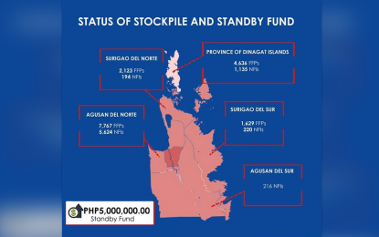 <p><strong>READINESS.</strong> The Department of Social Welfare and Development in the Caraga Region has prepositioned some 16,155 available family food packs and 7,389 non-food items in the different provinces as of Tuesday, Jan. 10, 2023. The agency says it also has a standby fund of PHP5 million for further needs of some 72,753 affected families from the low pressure area that continues to threaten the region. <em>(Photo courtesy of DSWD-13)</em></p>