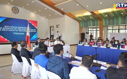 <p><strong>BRIEFING.</strong> President Ferdinand R. Marcos Jr. attends a situation briefing at the Ozamiz City airport in Misamis Occidental province on Wednesday (Jan. 11, 2022). Marcos directed the Department of Public Works and Highway to find out short and long-term solution to improve flood control measures in Northern Mindanao.<em> (Screengrab from RTVM)</em></p>