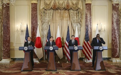 <p><strong>GREATEST CHALLENGE</strong> The United States Secretary of State Antony Blinken (R1) speaks during a news conference with Secretary of Defense Lloyd J. Austin III (R), Japanese Foreign Minister Yoshimasa Hayashi (L1), and Japanese Defense Minister Yasukazu Hamada (L) at the Department of State in Washington D.C., United States on January 11, 2023. The US and Japan said China is the "greatest" challenge for both nations. <em>(Anadolu)</em></p>