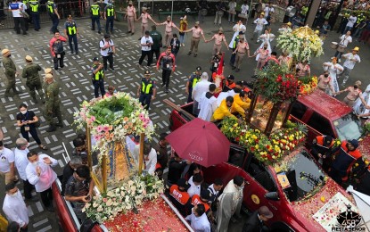 <p><strong>TRASLACION.</strong> The Holy Images of the Sr. Sto. Niño de Cebu and the Our Lady of the Guadalupe are seen arriving at the National Shrine of St. Joseph in Mandaue City, Cebu after the Traslacion on Friday (Jan. 13, 2023). The images will be carried by a Galleon for the Fluvial Procession at the Mactan Channel on Saturday morning before it will be brought back to the Basilica Minore del Sto. Niño for the afternoon's Solemn Foot Procession. <em>(Photo courtesy of the Basilica Minore del Sto. Niño de Cebu Media Center)</em>  </p>