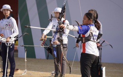 <p><strong>ON TARGET.</strong> Gabrielle Monica Bidaure in action during the women's recurve event of the Asia Archery Challenge at Wonju Archery Center in Gangwon-do Province, South Korea on Nov. 11, 2022. She bagged the silver behind local bet Nam Su Hyun Nam. <em>(Courtesy of World Archery Asia)</em></p>