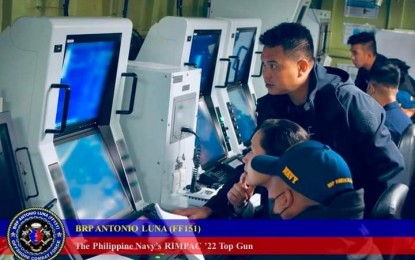 <p><strong>COMBAT SYSTEM BRIEFING.</strong> Navy personnel from the offshore patrol vessel BRP Ramon Alcaraz get a first hand look at the combat management system at the Naval Shield Combat Management System (NSCMS) installed in the missile frigate BRP Antonio Luna (FF-151) last Jan. 12 to 13. The NSCMS is considered the nerve center of the Jose Rizal-class frigates and consists of onboard sensors that detect and monitor incoming surface, air and sub-surface threats. <em>(Photo courtesy of BRP Antonio Luna Facebook page)</em></p>