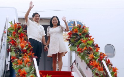 <p><strong>DAVOS BOUND</strong>. President Ferdinand R. Marcos Jr. and First Lady Liza Araneta-Marcos leave for Davos, Switzerland on Jan. 15, 2022 to attend the Annual Meeting of the World Economic Forum (WEF) held on Jan. 15-20. Speaker Martin Romualdez on Jan. 19 said Marcos is doing a yeoman’s job at the WEF in attracting more investments to the Philippines.<em> (PNA photo by Rey Baniquet)</em></p>