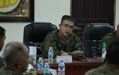 <p><strong>TOTAL ERADICATION.</strong> Maj. Gen. Nolasco Mempin, the Army’s 10th Infantry Division (ID) commander, orders field units for the eradication of the weakened New People's Army Guerilla Front 57 as soon as possible. Mempin issued the order during the 1st 10ID Command Conference for 2023 at Camp General Manuel T. Yan Sr. in Davao De Oro province Monday (Jan. 16, 2023). <em>(Photo courtesy of 10ID)</em></p>
