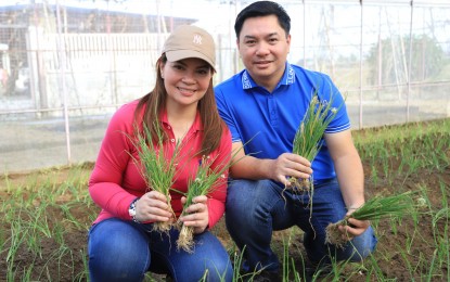 <p><strong>ONIONS IN POTS</strong>. Mayor Nerito Santos Jr. and Vice Mayor Nerivi Santos-Martinez of Talavera town, Nueva Ecija province show the onion seedlings to be used for the town's "Sibuyas sa Paso" project. The project aims to encourage residents to plant and grow onions in small spaces such as pots amid the commodity's high price. <em>(Photo courtesy of the Municipal Government of Talavera)</em></p>