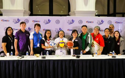 <p><strong>WNCAA</strong>. Officials of the Women's National Collegiate Athletic Association (WNCAA) pose for photo opportunity during the press conference at the St. Scholastica's College Manila Social Hall on Wednesday (Jan. 18, 2023). The collegiate league will start on Jan. 21. In photo are WNCAA President Juanita Alamillo of Centro Escolar University (fourth from left), St. Scholastica's Manila President, Sr. M. Christine Pinto, OSB (fifth from left) and WNCAA Executive Director Maria Vivian Manila (sixth from right).<em> (Contributed photo)</em></p>