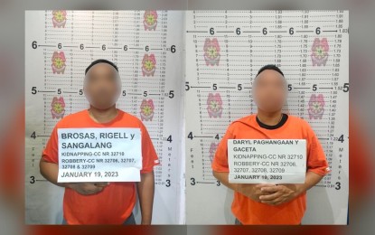 <p><strong>KIDNAP SUSPECTS SURRENDER.</strong> Dismissed policemen Rigel Brosas and Daryl Paghangaan, who have been implicated in the kidnapping of an online cockfighting master agent, surrendered on Thursday (Jan. 19, 2023). The Philippine National Police is expecting the two to cooperate and disclose everything they know about the abduction of Lasco, as well as other cases involving the missing sabungeros. <em>(Photo courtesy of PNP-IMEG)</em></p>