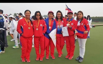 <p>A group photo of women's team members (L-R) Ronalyn Greenlees, Ainie Knight, Rosita Bradborn, Hazel Jagonoy, Asuncion Bruce and Maria Reta Guinto during the 13th Asian Championships in Xinxiang, China in 2018. <em>(Contributed photo)</em></p>