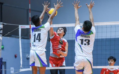 <p>Louie Ramirez of Imus AJAA (left) in action during the Spikers' Turf Open Conference at the Paco Arena on Sunday (Jan. 22, 2023). <em>(Photo courtesy of Philippine Volleyball League)</em></p>
