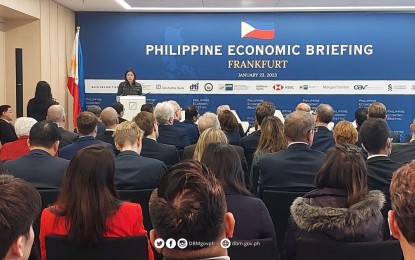<p><strong>PH ECONOMIC BRIEFING.</strong> Department of Budget and Management Secretary Amenah Pangandaman presents the country’s priority expenditures in support of the Philippine Development Plan 2023 to 2028. This provided European investors an overview of opportunities for partnership with the Philippine government.<em> (Photo courtesy of DBM)</em></p>