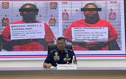 <p><strong>DEVELOPMENT. </strong> Philippine National Police chief Gen. Rodolfo Azurin Jr. answers questions from the media in a press briefing at the PNP headquarters on Monday (Jan. 23, 2023). Azurin said they hope to see a breakthrough in the case of a missing online cockfighting master agent in Laguna following the surrender of three dismissed police officers. <em>(PNA photo by Lloyd Caliwan)</em></p>