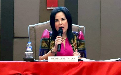 <p><strong>TRAVEL EXPO.</strong> Philippine Travel Agencies Association President Michelle Taylan speaks to reporters during the press launch of the 30th Travel Tour Expo in Quezon City on Tuesday (Jan. 24, 2023). Taylan expects the event to attract 80,000 to 100,000 visitors, the biggest yet since the onset of the pandemic. <em>(PNA photo by Robert Alfiler)</em></p>