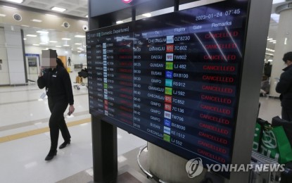 <p>An electronic signboard at Jeju International Airport on southern Jeju Island shows domestic flights canceled on Jan. 24, 2023, as a cold wave grips the country. <em>(Yonhap)</em></p>