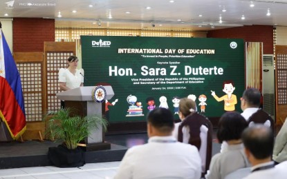 <p><strong>INCLUSIVE, QUALITY EDUCATION</strong>. Vice President and Education Secretary Sara Duterte leads the observance of the International Day of Education (IDE) on Tuesday (Jan. 24, 2023). In her speech, Duterte disclosed the actions of the administration to ensure that the country is on the right track to providing an inclusive and equitable quality education for Filipinos. <em>(Photo courtesy of the Department of Education)</em></p>