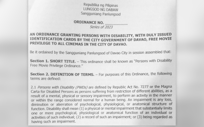 <p><strong>FREE MOVIES.</strong> The Sangguniang Panlungsod of Davao City approved on the final reading Tuesday (Jan. 24, 2023) an ordinance allowing persons with disabilities with free access to movies in all the cinemas in the city. The ordinance will be implemented within six months after it is signed by Mayor Sebastian Duterte. <em>(Screen grabbed photo)</em></p>