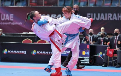 <p><strong>BEST BET.</strong> Filipino-Japanese karateka Junna Tsukii (right) in action during the Karate 1 Premier League in Fujairah, United Arab Emirates last year. Tsukii will banner the national team in the Southeast Asia (SEA) Karate Federation Championships and the Cambodia SEA Games this year.<em> (Contributed photo)</em></p>