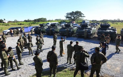 <p><strong>UPGRADED. </strong>Officials of the Armor "Pambato" Division leadership attends the  blessing ceremony for the newly upgraded six Armored Combat Vehicles (ACV-300) and seven re-powered Simba Fighting Vehicles at Camp O'Donnell, Sta. Lucia, Capas, Tarlac on Wednesday (Jan. 25, 2023). PA chief Lt. Gen. Romeo Brawner Jr. earlier lauded newly appointed Armor Division commander Maj. Gen. Facundo Palafox IV for allocating funds for the upgrade of vital armor assets.<em> (Photo courtesy of Philippine Army)</em></p>