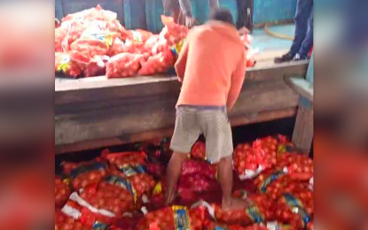 <p><strong>SMUGGLED ONIONS.</strong> A team of police and Bureau of Customs (BOC) operatives seize a shipment of 24,000 kilos of smuggled onions in Caldera Point, Labuan, Zamboanga City, on Wednesday evening (Jan. 25, 2023). The onions are estimated to be worth PHP12 million. <em>(Photo courtesy of Michael Bonito)</em></p>