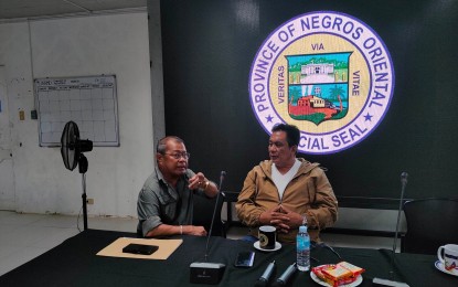 <p><strong>TASK FORCE OCTOPUS.</strong> Negros Oriental Governor Roel Degamo (right) and Commission on Human Rights (CHR) Negros Oriental chief, Dr. Jess Cañete, commander of the newly-created Task Force Octopus, discuss salient issues in this Jan. 3, 2023 photo. The inter-agency task force aims to address criminality, peace, and security matters at a higher level. <em>(Photo courtesy of the Capitol Public Information Office)</em></p>