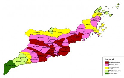 <p><strong>ASF MAP</strong>. The current map of the African swine fever (ASF) zoning in Iloilo province. Iloilo Governor Arthur Defensor Jr, in a press conference on Friday (Jan. 27, 2023), said the province is not only battling ASF but trying to maintain the pork supply in the next three months. <em>(Screenshot from Office of the Provincial Veterinarian situation report)</em></p>