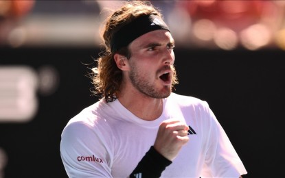 <p><strong>HEADED TO THE FINALS</strong> Stefanos Tsitsipas celebrates during his Semifinal match against Russia's Karen Khachanov (not seen) at the Australian Open grand slam tennis tournament at Melbourne Park in Melbourne, Australia on January 27, 2023. he will face the winner of the Novak Djokovic-Tommy Paul match. <em>(Anadolu )</em></p>