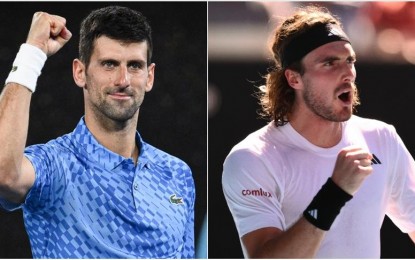 <p>Novak Djokovic (left) and Stefanos Tsitsipas face each other in the men's singles finals of the Australian Open on Sunday (Jan 29, 2023).  <em>(Anadolu)</em> </p>