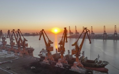<p>This aerial photo taken on Jan. 17, 2023, shows a morning view of Jingtang Port Area at Tangshan Port in Tangshan, north China's Hebei Province. <em>(Photo by Liu Mancang/Xinhua)</em></p>