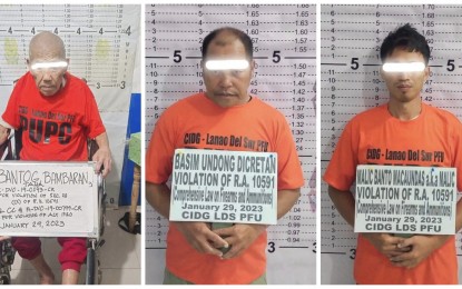 <p><strong>ARRESTED.</strong> The mug shots of the three drug suspects that included octogenarian Bambaran Taha (left) during an operation in Tamparan, Lanao del Sur, on Sunday (Jan. 29, 2023). Seized from the suspects were PHP592,960 worth of shabu items and short firearms.<em> (Photo courtesy of PRO-BARMM)</em></p>
