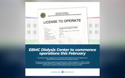 <p><strong>LICENSE TO OPERATE</strong>. A dialysis center will open at the Eastern Bicol Medical Center in Virac, Catanduanes in February. The provincial government says in a social media post on Monday (Jan. 30, 2023) the hospital has been granted a license to operate the facility. <em>(Infographic courtesy of the Provincial Government of Catanduanes)</em></p>