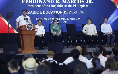 <p><strong>EDUCATION</strong>. President Ferdinand R. Marcos Jr. attends the presentation of the 2023 Basic Education Report at Sofitel Hotel in Pasay City on Monday (Jan. 30, 2023). He said the national government must confront issues facing the country’s education sector with an open mind and compassion. <em>(PNA photo by Joseph Razon)</em></p>