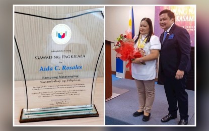 <p><strong>LOYAL KASAMBAHAY</strong>. Left photo shows the Gawad ng Pagkilala plaque received by domestic worker Aida Rosales from the Philippine Senate, recognizing her loyalty for not leaving her employers even during the crisis in the family in Talisay City, Cebu province. She has been serving the family for over 20 years now. In right photo, Rosales holds a bouquet while posing for posterity with Senator Jinggoy Estrada during the 10th anniversary of Republic Act 10361 or the Domestic Workers Act or populary known as the Batas Kasambahay, in the Philippine Senate on Jan. 25, 2023. <em>(Photo courtesy of Aida Rosales' FB)</em></p>