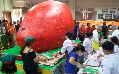 <p><strong>PREPARATION</strong>. La Trinidad town, the capital of Benguet province bags the Guinness World Record for the biggest strawberry shortcake in this undated photo from 2004. On Tuesday (Jan. 31, 2023), La Trinidad Mayor Romeo Salda says this year's Strawberry Festival set from March 6 to 31 will feature another giant twin strawberry cake, though not as big as the one in 2004. <em>(PNA photo by Liza T. Agoot)</em></p>