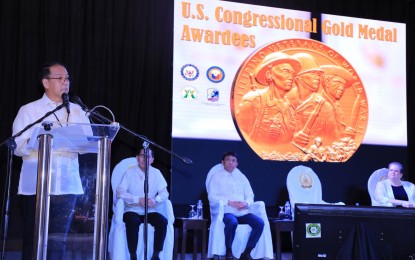 <p><strong>AWARDING</strong>. Defense Secretary Carlito Galvez Jr. delivers a message during the 22nd United States Congressional Gold Medal (CGM) awarding ceremony at Camp Aguinaldo, Quezon City on Jan. 31, 2023. He thanked the US government for honoring Filipino war veterans.<em> (Contributed photo)</em></p>