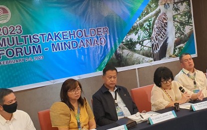 <p><strong>MINDANAO CONSULTATION.</strong> Environment and Natural Resources Secretary Antonia Loyzaga (second from right) leads colleagues in answering questions from the media during the two-day Mindanao leg of the multi-stakeholders forum in Cagayan de Oro City that began Thursday (Feb. 2, 2023). Some 300 participants from the six regions of Mindanao converge in the forum for a dialogue among stakeholders on major environmental issues. <em>(PNA photo by Nef Luczon)</em></p>