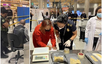 <p><strong>DRUG MULE.</strong> Customs personnel assigned at the Mactan-Cebu International Airport (right photo) conducts inventory of illegal drugs seized from a South African national who arrived in Cebu from Doha, Qatar on Wednesday (Feb. 1, 2023) as a chemist from the Philippine Drug Enforcement Agency looks on. The suspect, Pietro Aliquo (sitting, left photo), who is suspected to be an international drug mule, is now facing charges for violating Republic Act 9165 or the Comprehensive Dangerous Drugs Act of 2002. <em>(Contributed photo)</em></p>