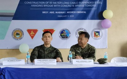 <p><strong>ANTI-INSURGENCY CAMPAIGN</strong>. Lt. Gen. Benedict Arevalo, concurrent AFP Visayas Command chief and 3rd Infantry Division commander (left) has directed operating units to step up their counter-insurgency operations this year. He is photographed here with Brig. Gen. Leonardo Peña, 302nd Infantry Brigade commander during an activity in Mabinay, Negros Oriental on Wednesday (Feb. 1, 2023). <em>(Photo by Judy Flores Partlow)</em></p>