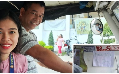 <p><strong>FREE RIDE.</strong> Advocacy-driven tricycle driver Juby Puyod smiles as a passenger enjoying the free ride poses with him at a roadside in Kidapawan City in this undated photo. A handwritten note (inset) offering free rides posted inside the trike continues to surprise passengers amid the high cost of fuel prices. <em>(PNA photo by John Andrew Tabugoc)</em></p>