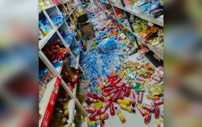 <p><strong>STRONG QUAKE.</strong> Products are strewn on the floor of a grocery store in Montevista town, Davao de Oro, following a magnitude 6 earthquake that struck the province at around 6:44 p.m. Wednesday (Feb. 1, 2023). The quake's epicenter was in neighboring New Bataan town. <em>(Photo courtesy of Sanchai Alfornon)</em></p>