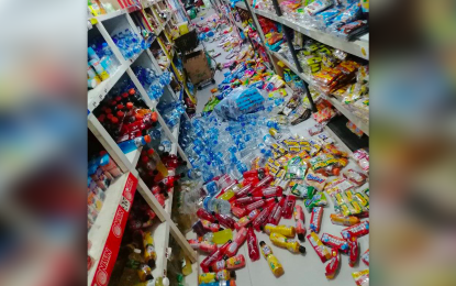 <p><strong>STRONG QUAKE.</strong> Products are strewn on the floor of a grocery store in Montevista town, Davao de Oro, following a magnitude 6 earthquake that struck the province at around 6:44 p.m. Wednesday (Feb. 1, 2023). The quake's epicenter was in neighboring New Bataan town. <em>(Photo courtesy of Sanchai Alfornon)</em></p>