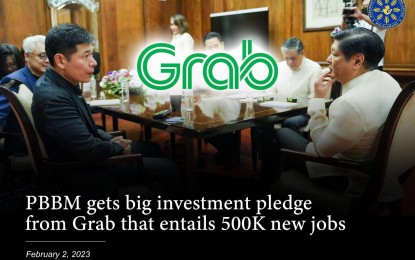 <p><strong>JOB OPPORTUNITIES</strong>. President Ferdinand R. Marcos Jr. meets with officials of Grab Holdings, Inc. at Malacañan Palace in Manila on Thursday (Feb. 2, 2023). The ride-hailing service firm vowed to create jobs for about 500,000 Filipinos.<em> (Photo courtesy of the Presidential Communications Office)</em></p>
