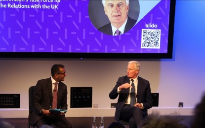 <p>Michel Barnier (right), the European Union’s chief negotiator during the Brexit negotiations, attends a talk organized by UK in a changing Europe (UKICE) to discuss his book named "My Secret Brexit Diary: A Glorious Illusion" in London, United Kingdom on Feb. 1, 2023.</p>